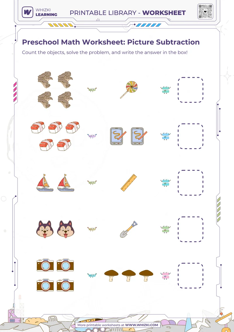Preschool Math Worksheet: Picture Subtraction