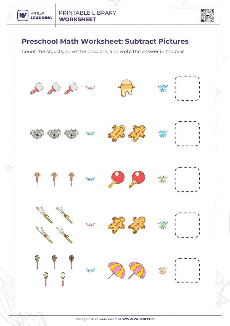 Preschool Math Worksheet: Subtract Pictures
