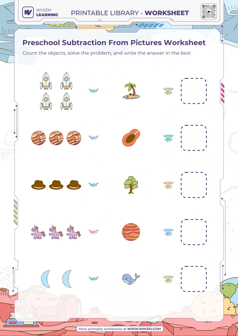 Preschool Subtraction From Pictures Worksheet