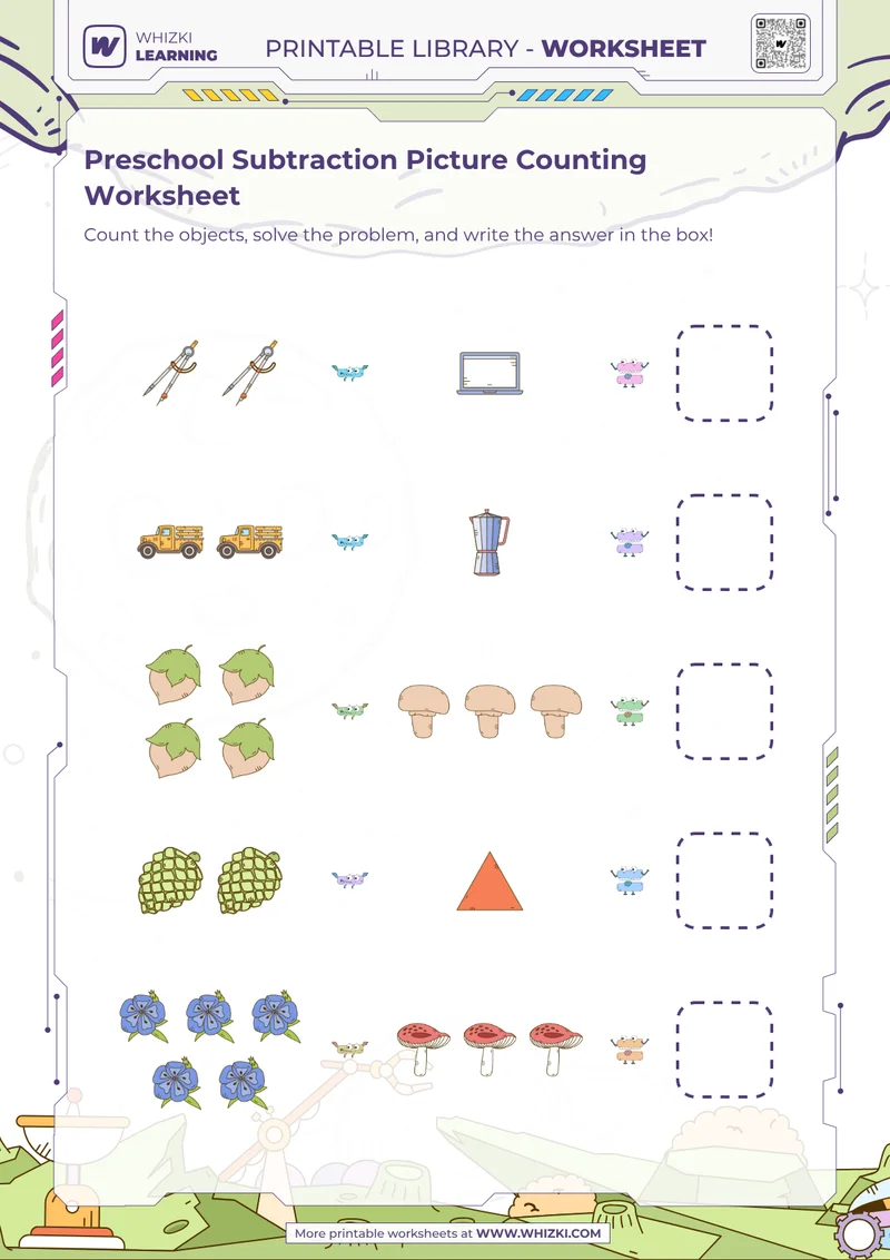 Preschool Subtraction Picture Counting Worksheet
