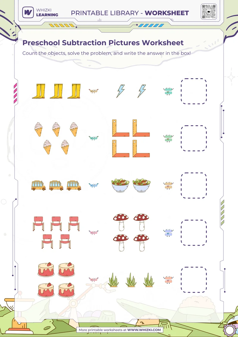Preschool Subtraction Pictures Worksheet