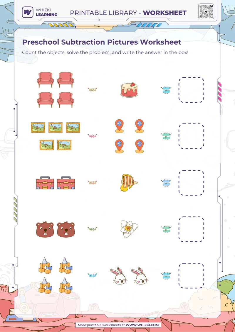 Preschool Subtraction Pictures Worksheet