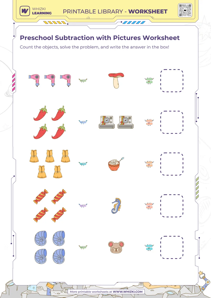 Preschool Subtraction with Pictures Worksheet