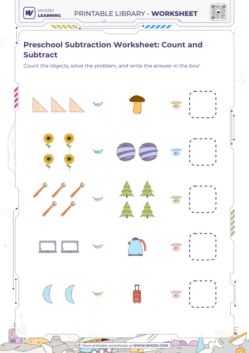 Preschool Subtraction Worksheet: Count and Subtract