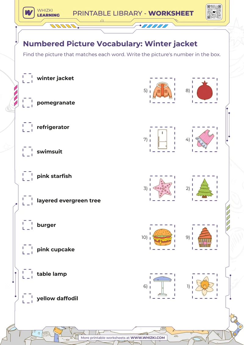 Numbered Picture Vocabulary: Winter jacket