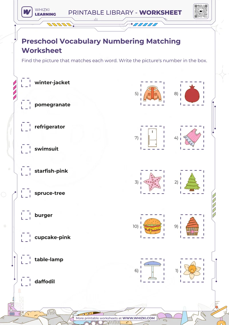 Preschool Vocabulary Numbering Matching Worksheet
