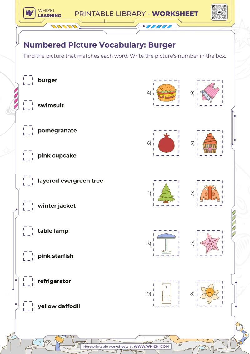 Numbered Picture Vocabulary: Burger