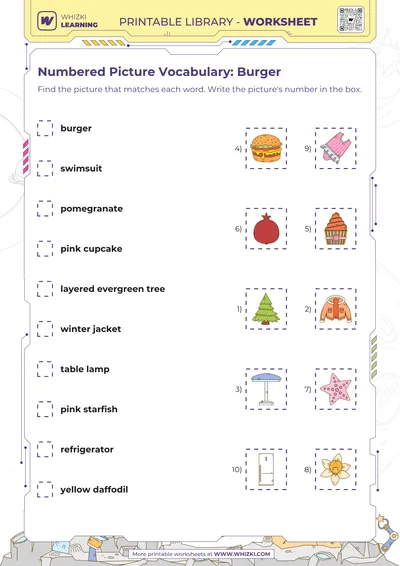 Numbered Picture Vocabulary: Burger