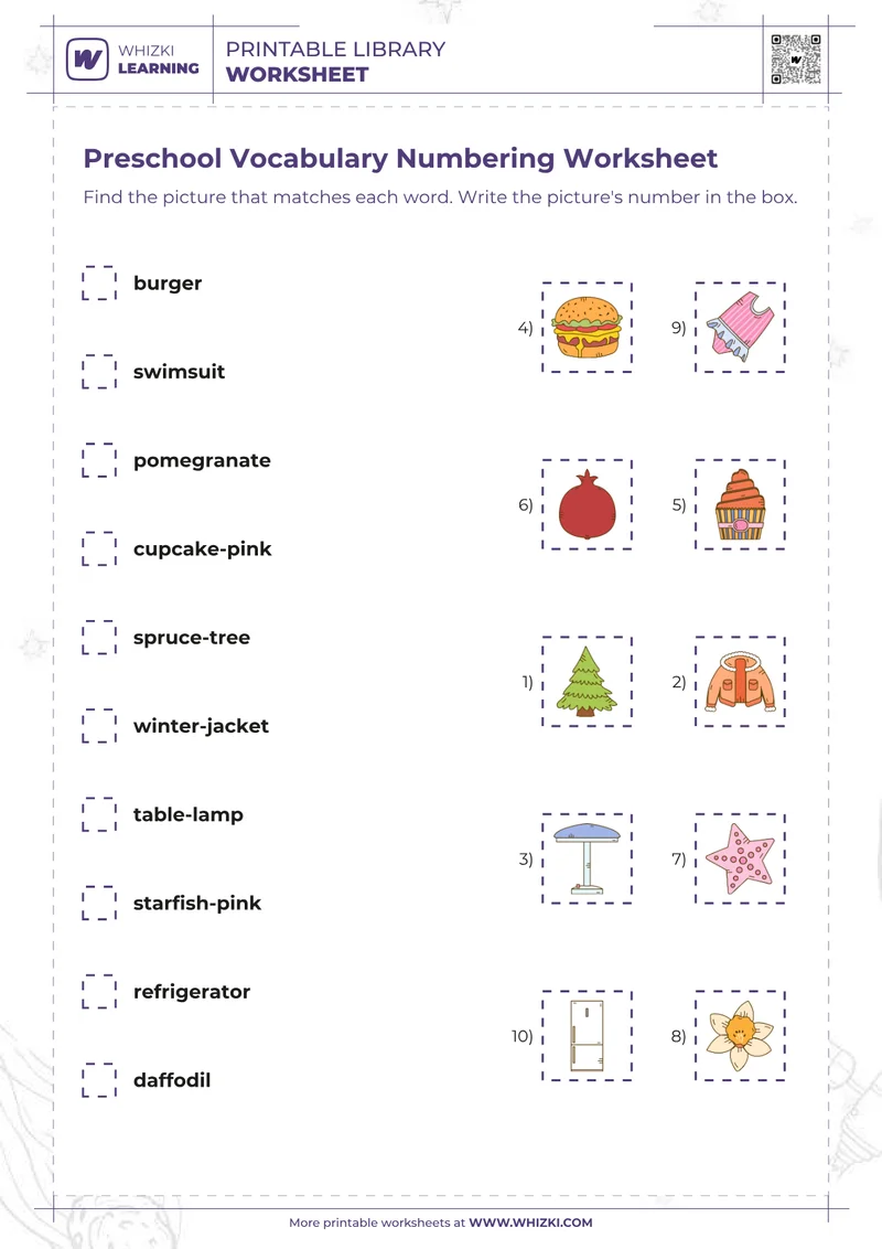 Preschool Vocabulary Numbering Worksheet