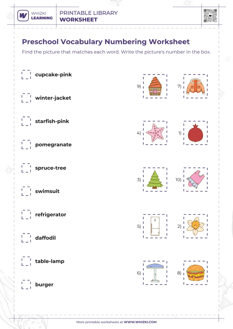 Preschool Vocabulary Numbering Worksheet