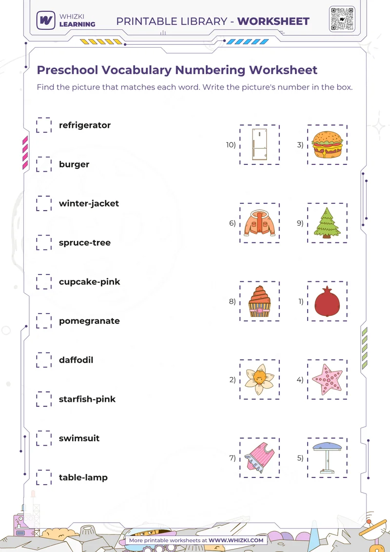 Preschool Vocabulary Numbering Worksheet
