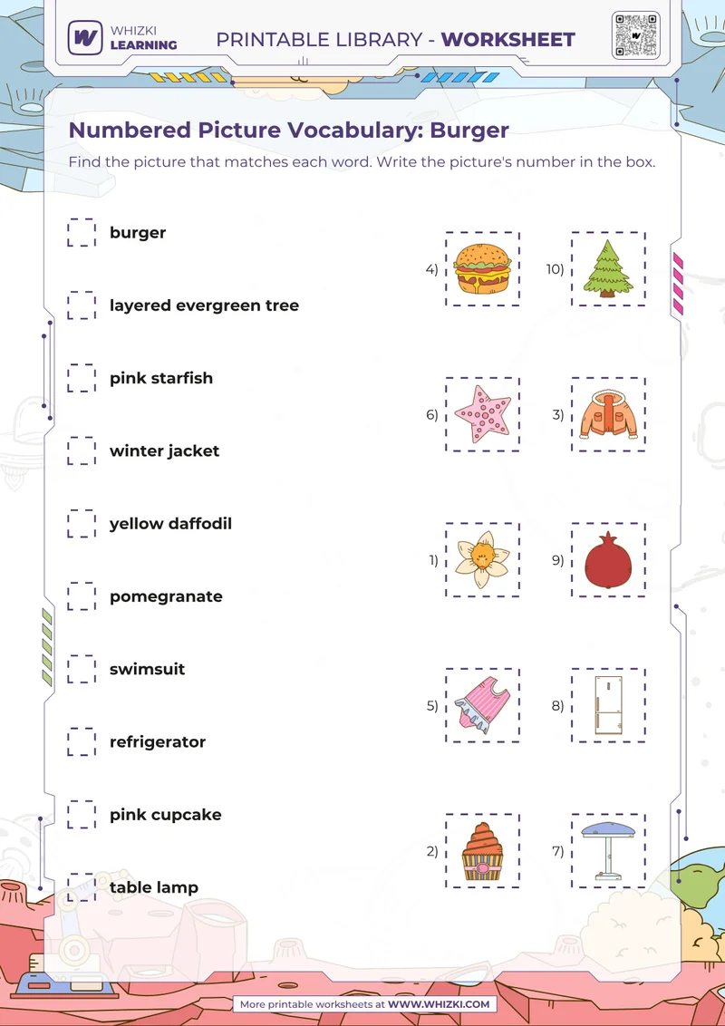 Numbered Picture Vocabulary: Burger
