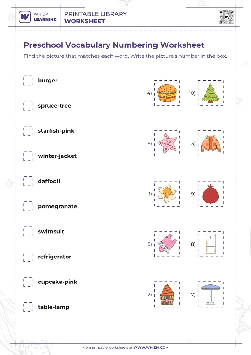 Preschool Vocabulary Numbering Worksheet