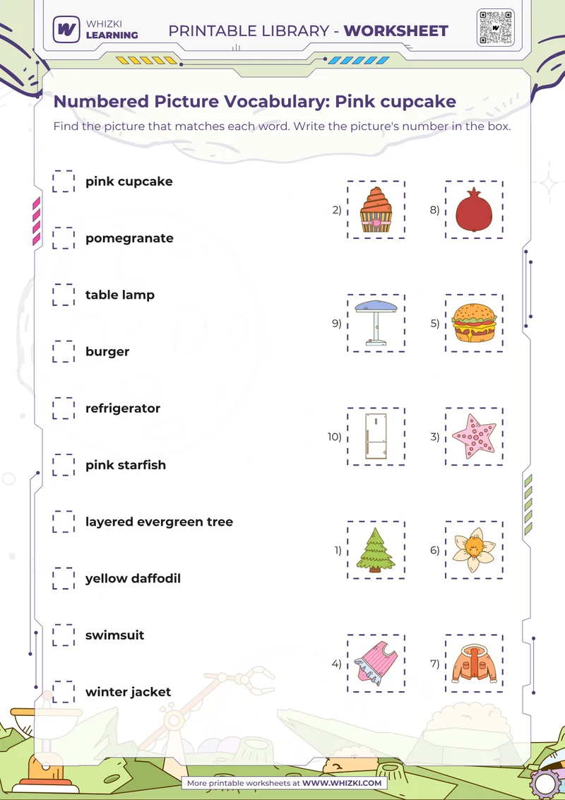 Numbered Picture Vocabulary: Pink cupcake