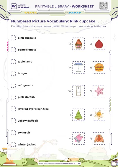 Numbered Picture Vocabulary: Pink cupcake