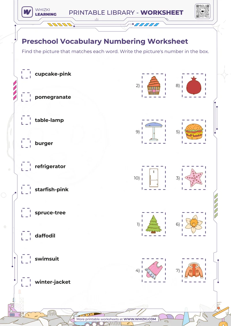 Preschool Vocabulary Numbering Worksheet