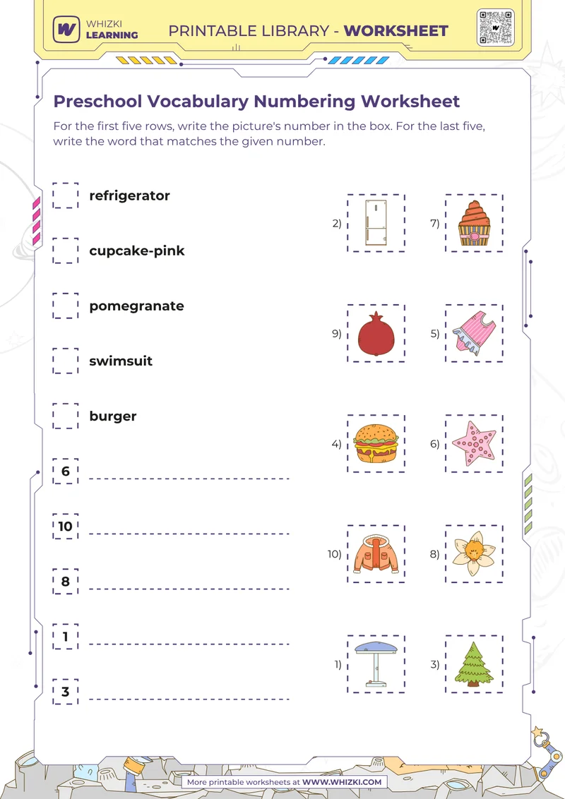 Preschool Vocabulary Numbering Worksheet