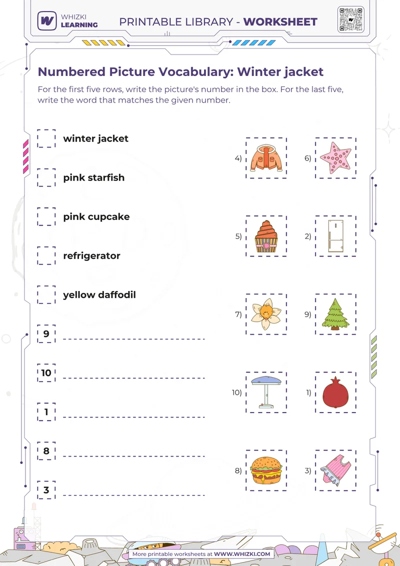 Numbered Picture Vocabulary: Winter jacket