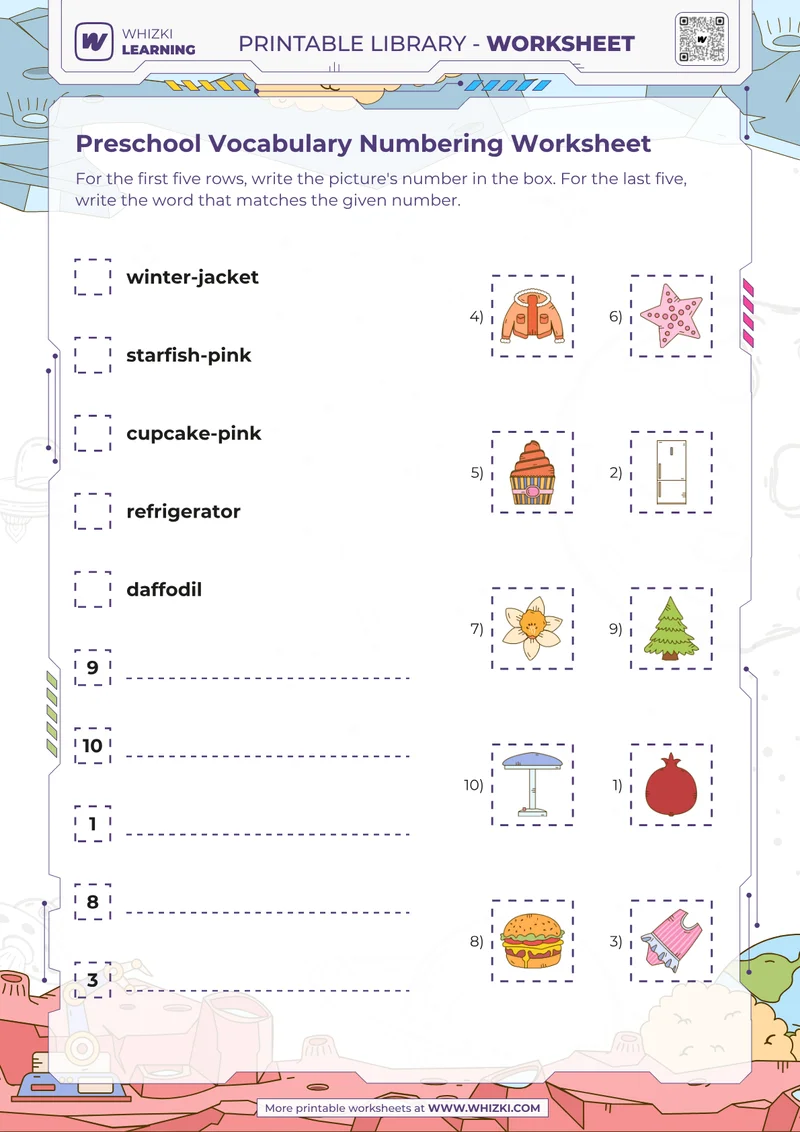Preschool Vocabulary Numbering Worksheet