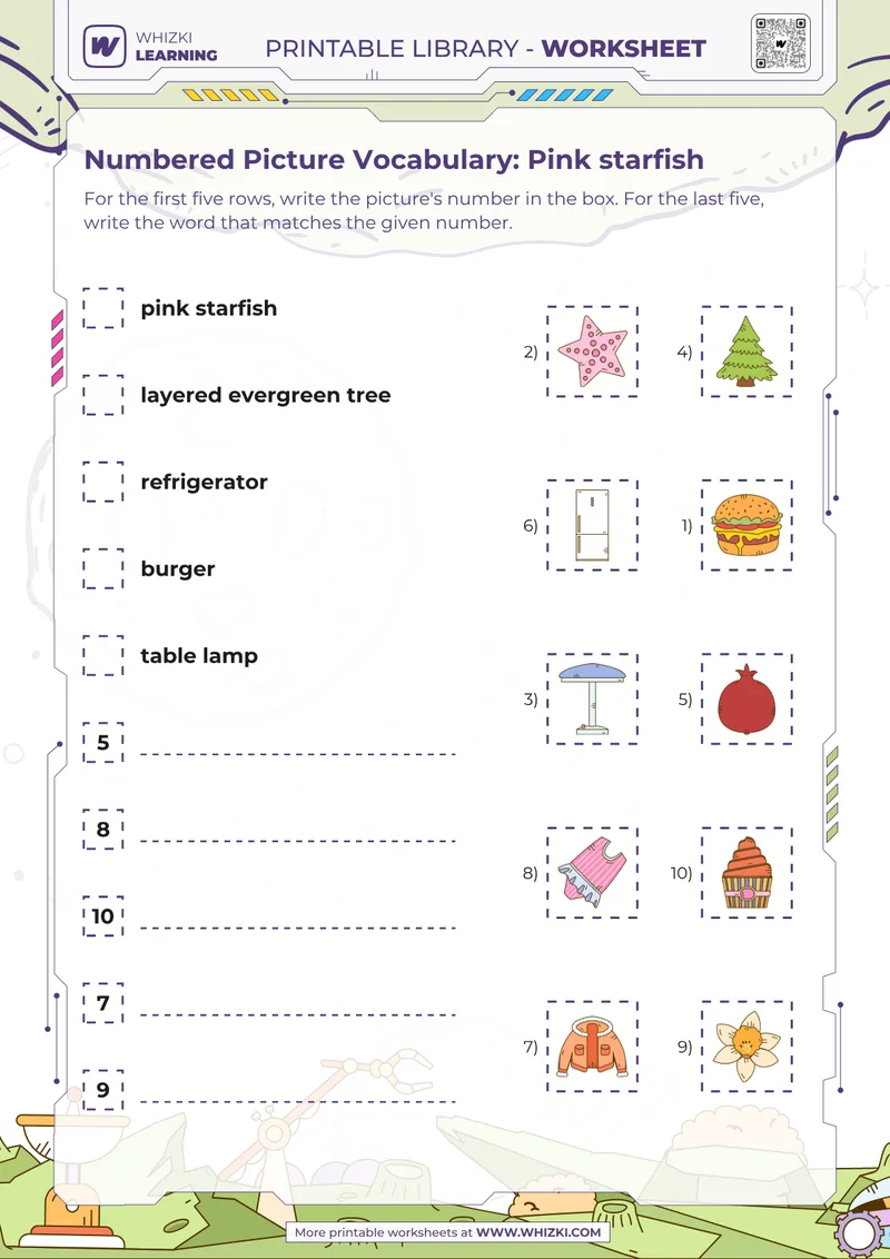 Numbered Picture Vocabulary: Pink starfish