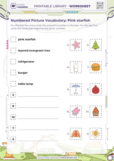 Numbered Picture Vocabulary: Pink starfish