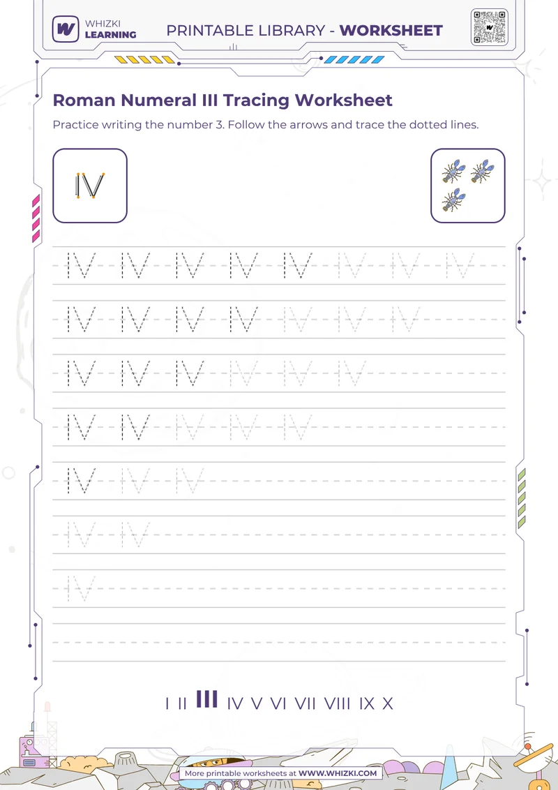 Roman Numeral III Tracing Worksheet