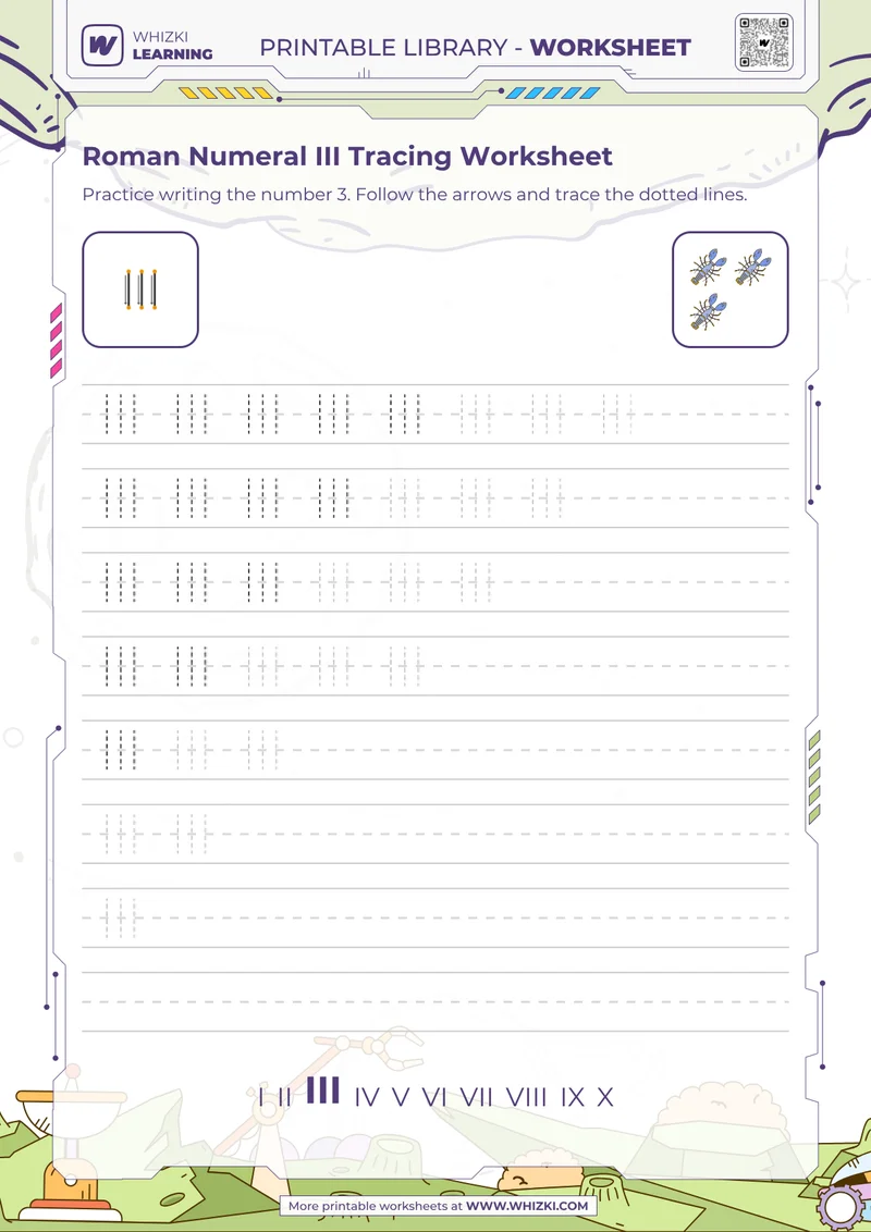 Roman Numeral III Tracing Worksheet