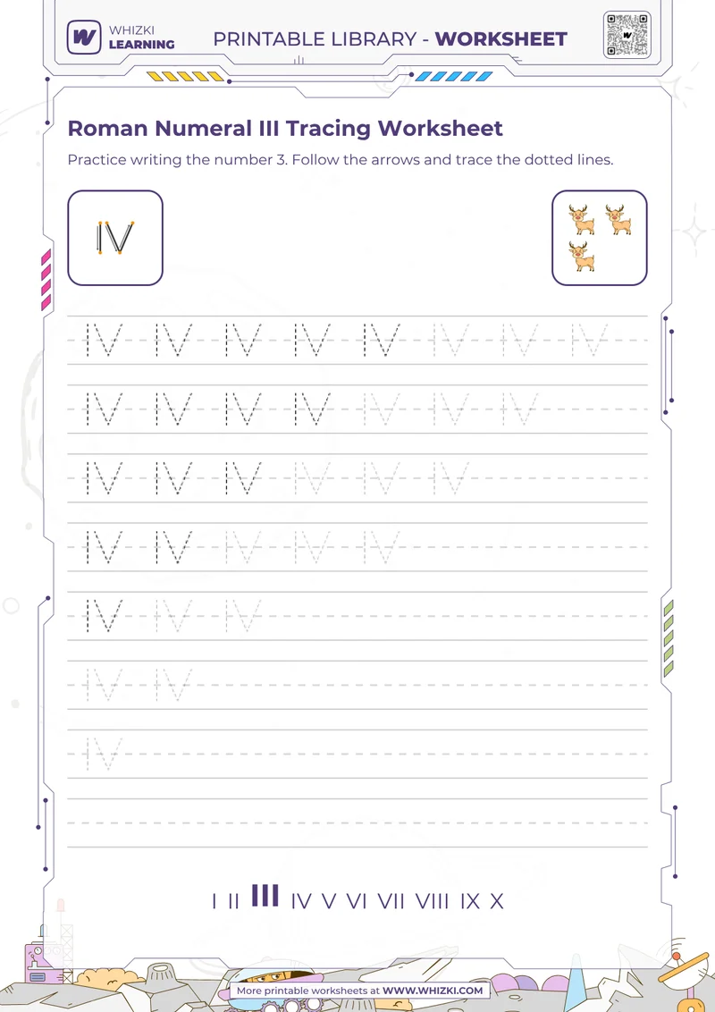Roman Numeral III Tracing Worksheet
