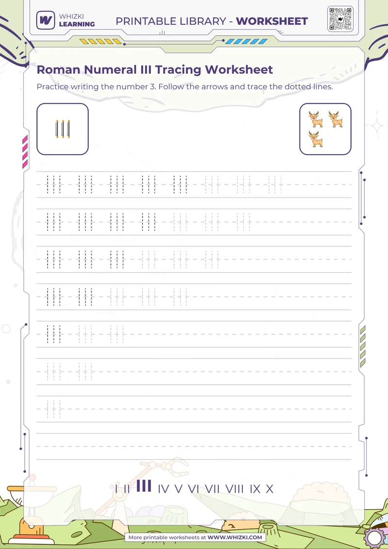 Roman Numeral III Tracing Worksheet