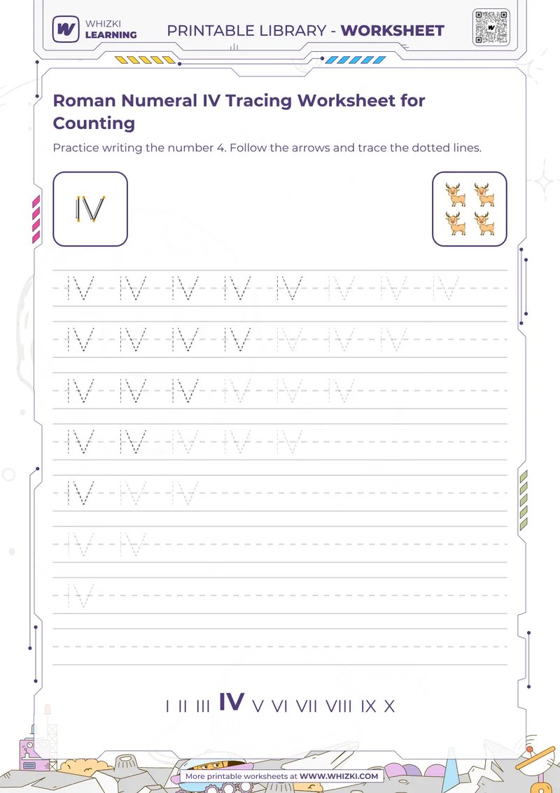 Roman Numeral IV Tracing Worksheet for Counting