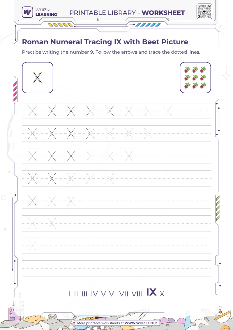 Roman Numeral Tracing IX with Beet Picture