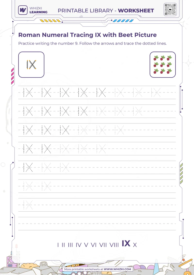 Roman Numeral Tracing IX with Beet Picture
