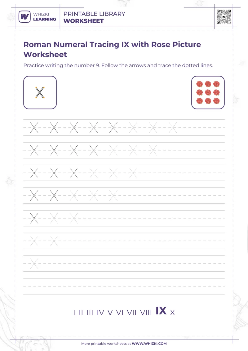 Roman Numeral Tracing IX with Rose Picture Worksheet