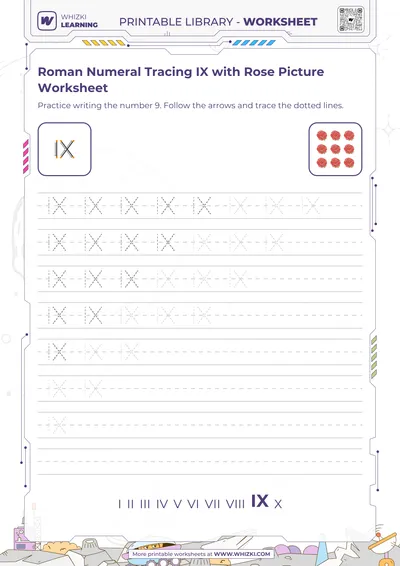 Roman Numeral Tracing IX with Rose Picture Worksheet