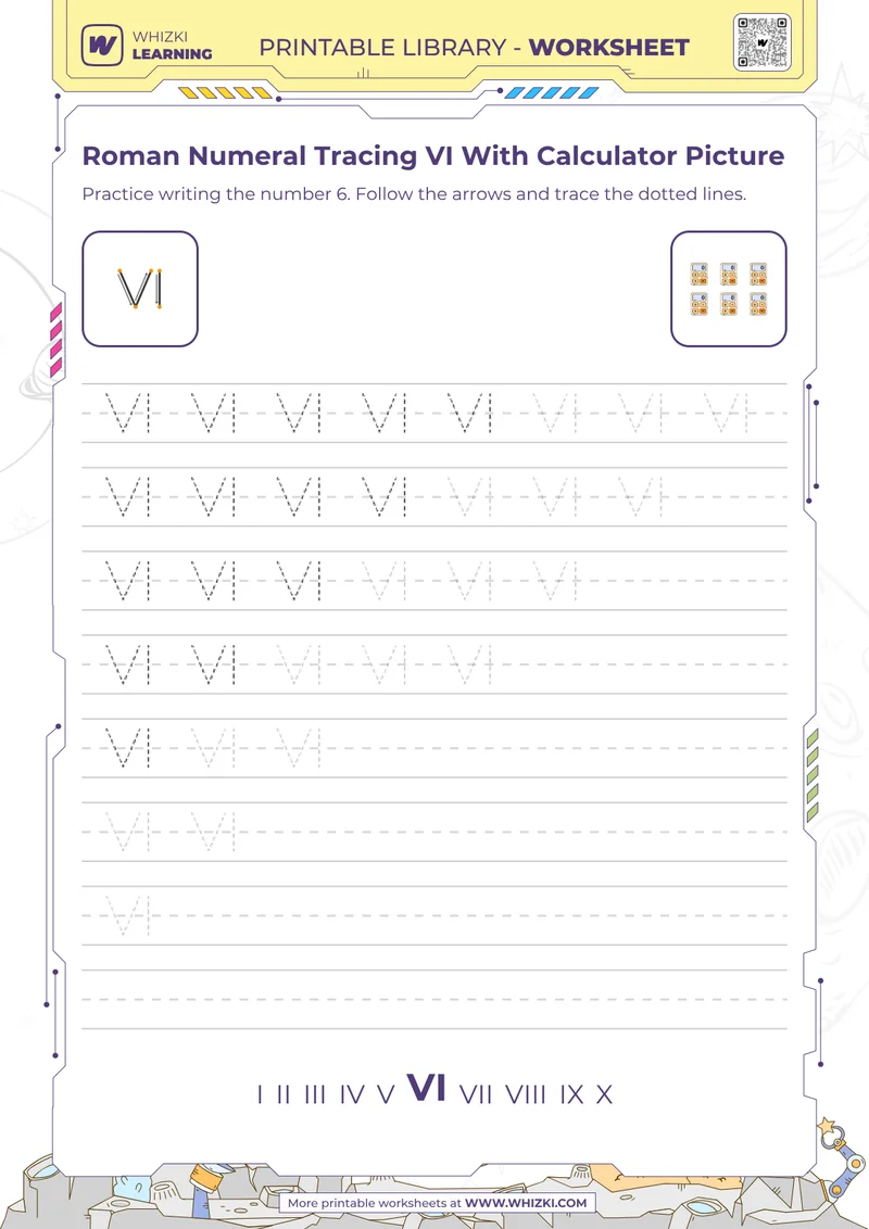 Roman Numeral Tracing VI With Calculator Picture
