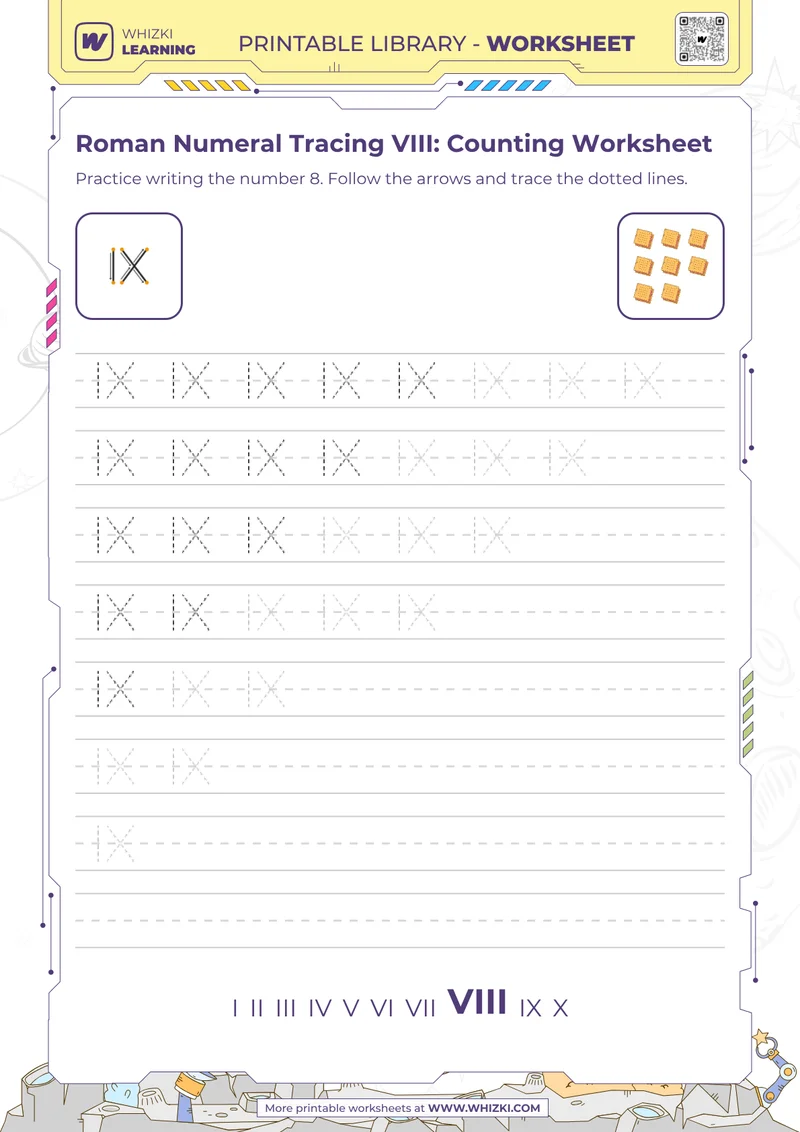 Roman Numeral Tracing VIII: Counting Worksheet