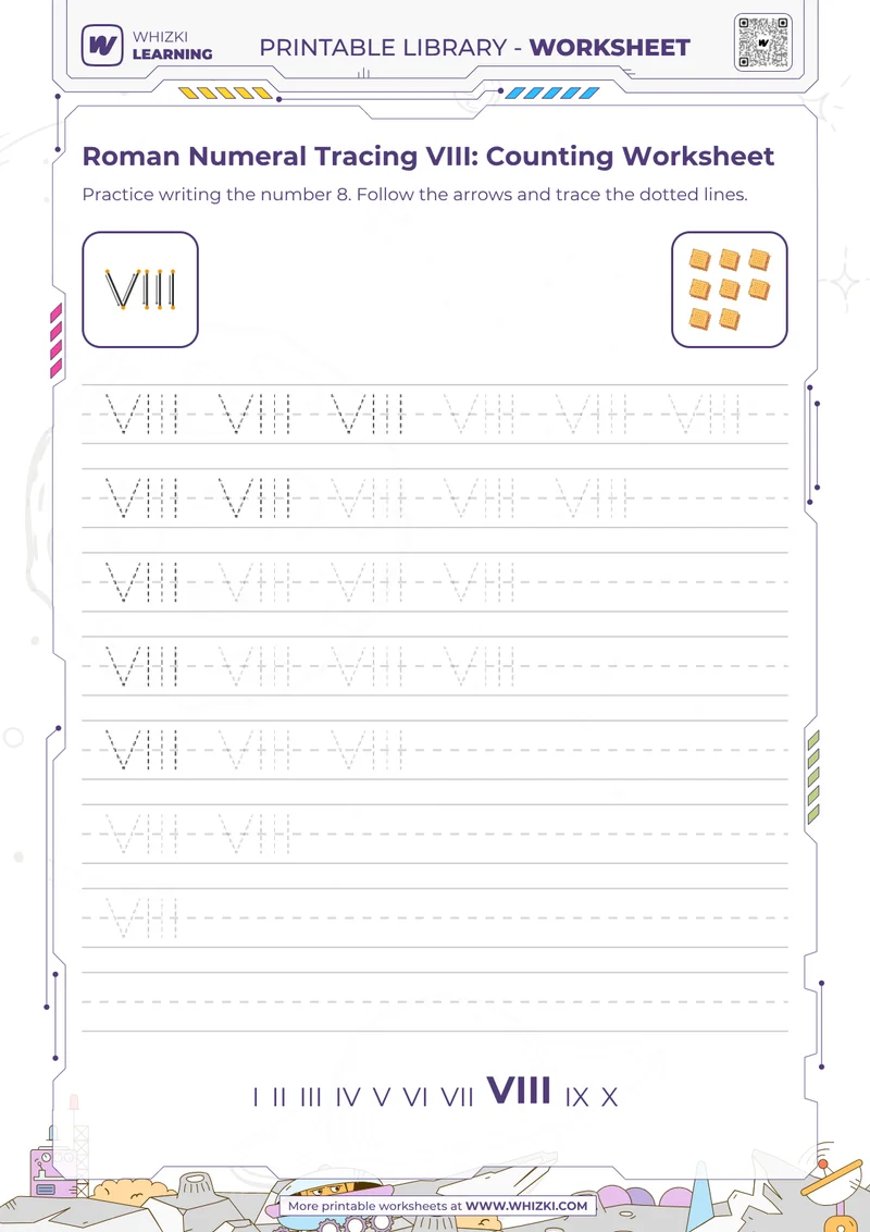 Roman Numeral Tracing VIII: Counting Worksheet
