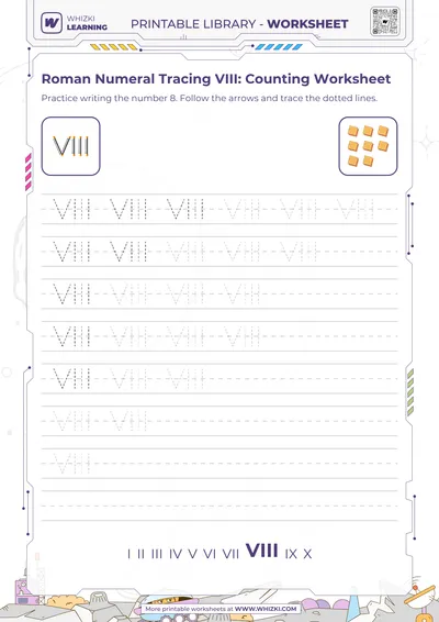 Roman Numeral Tracing VIII: Counting Worksheet