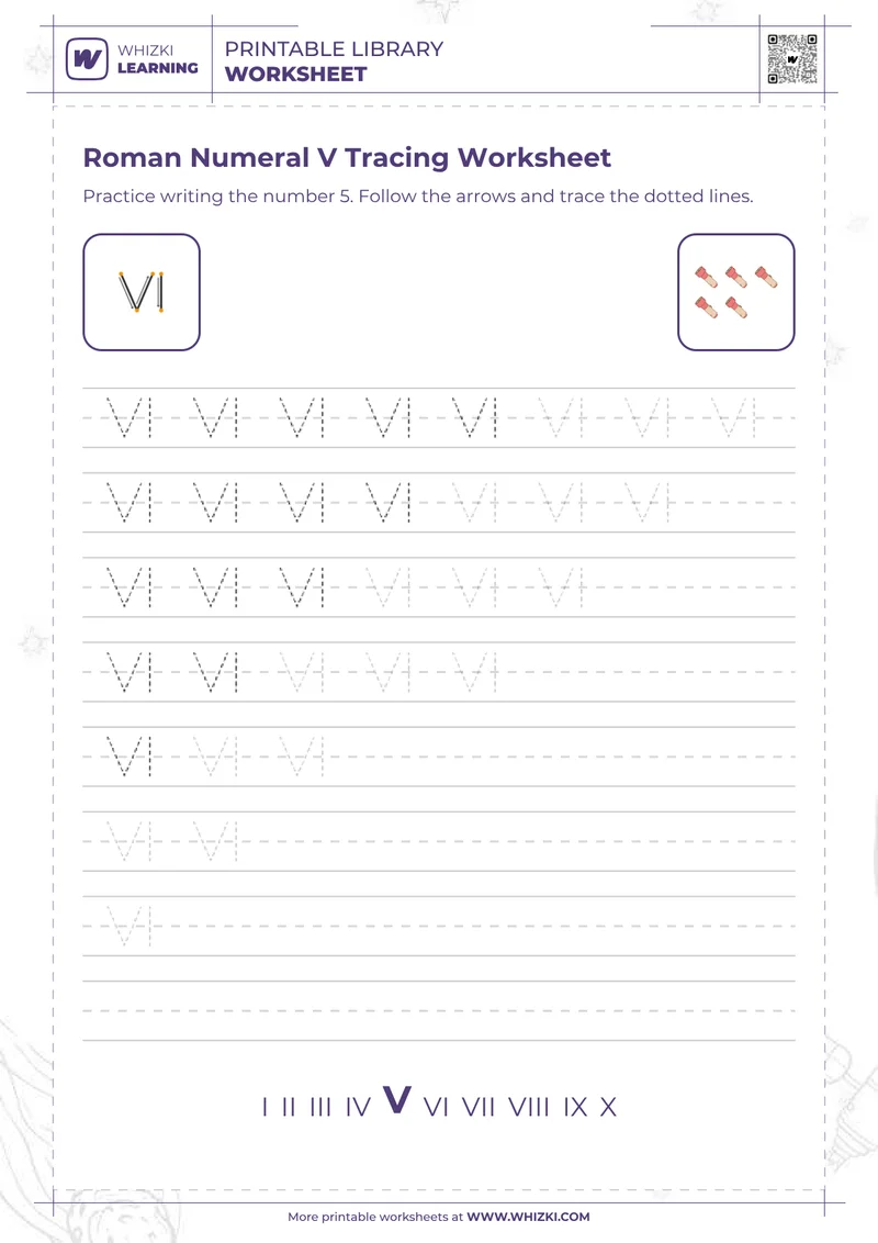 Roman Numeral V Tracing Worksheet