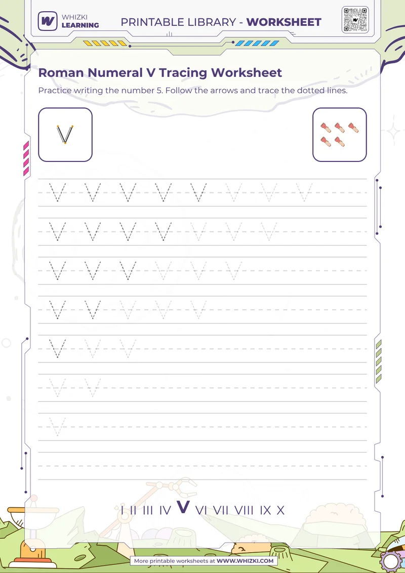 Roman Numeral V Tracing Worksheet