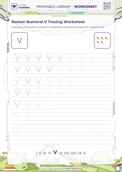 Roman Numeral V Tracing Worksheet