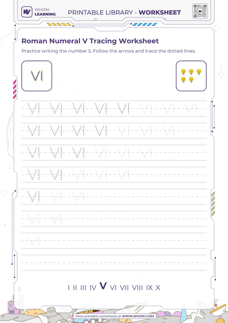 Roman Numeral V Tracing Worksheet