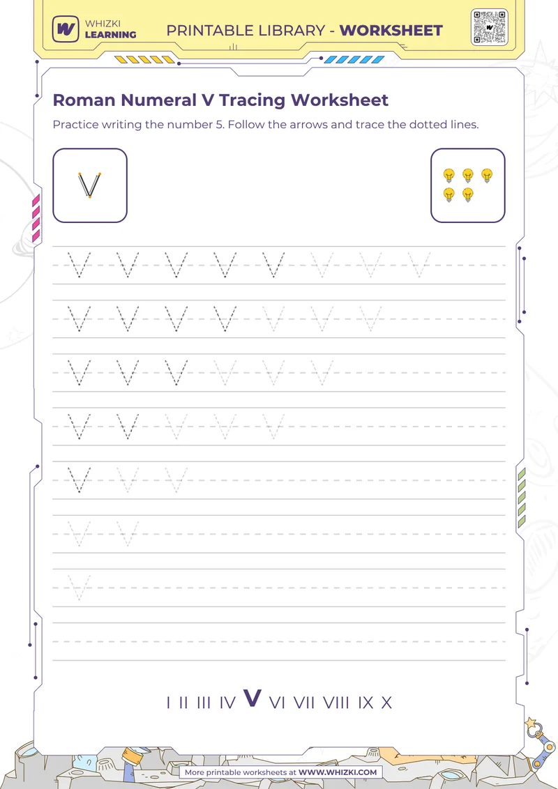 Roman Numeral V Tracing Worksheet