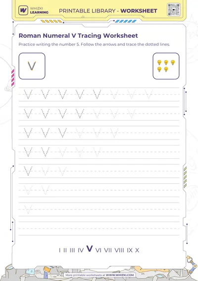 Roman Numeral V Tracing Worksheet