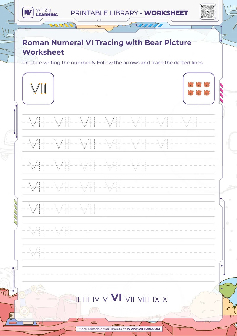 Roman Numeral VI Tracing with Bear Picture Worksheet