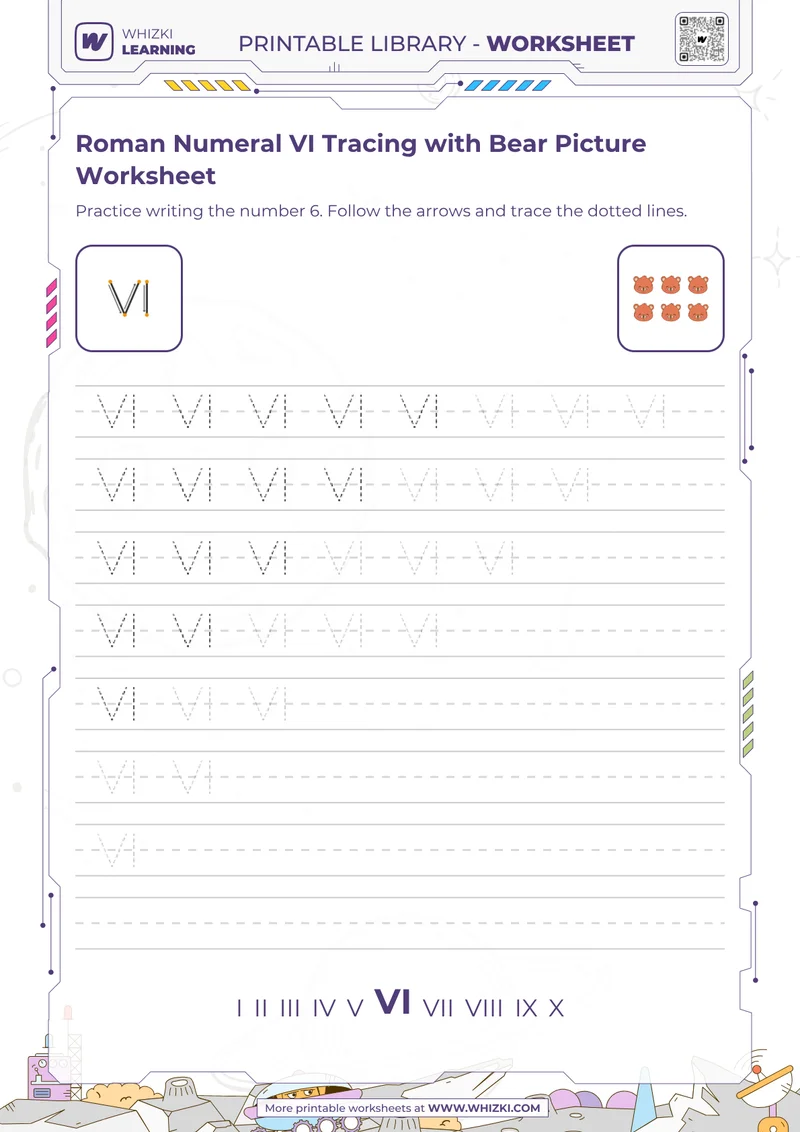 Roman Numeral VI Tracing with Bear Picture Worksheet