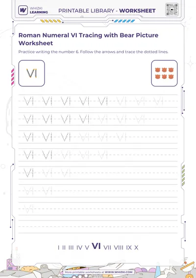 Roman Numeral VI Tracing with Bear Picture Worksheet