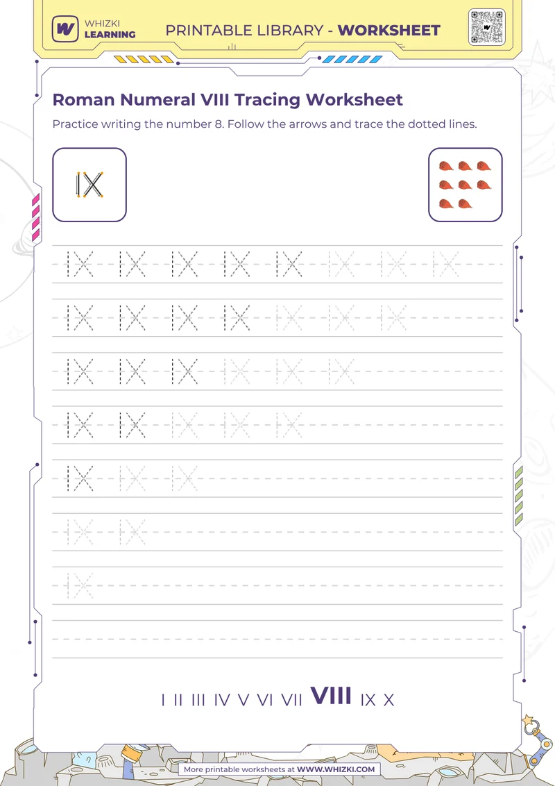 Roman Numeral VIII Tracing Worksheet