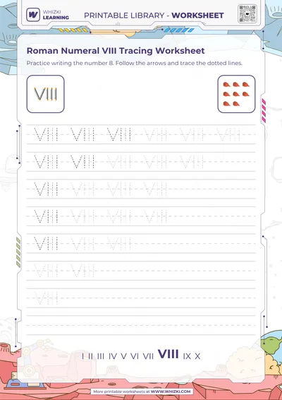 Roman Numeral VIII Tracing Worksheet