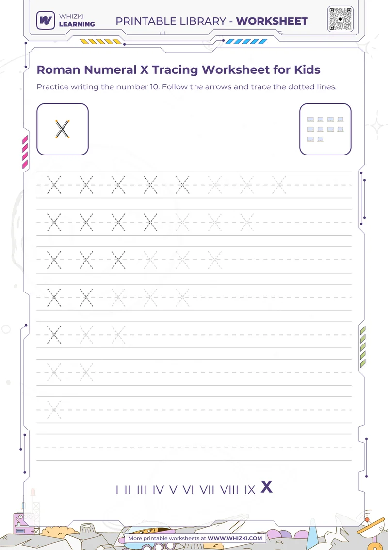 Roman Numeral X Tracing Worksheet for Kids